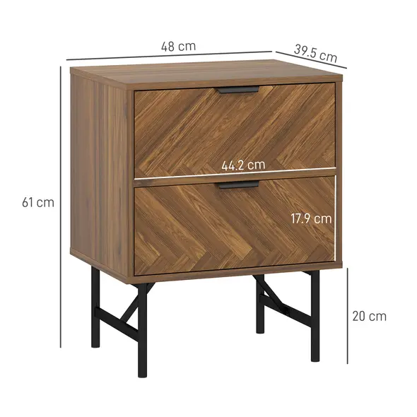 HOMCOM Bedside Table Set of 2 with 2 Drawers, Modern Side Tables with Herringbone Pattern and Metal Legs for Bedroom, Living Room, Walnut Brown - 3