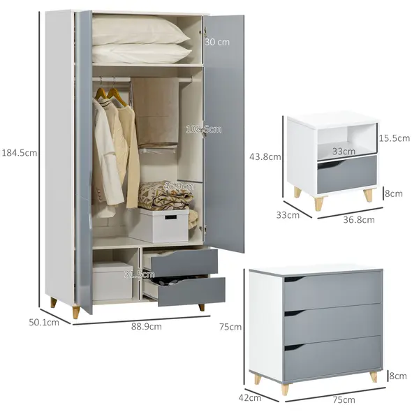 HOMCOM Bedroom Furniture Set, Wardrobe with Hanging Rail, 3 Drawer Chest of Drawers, Bedside Table with Drawer, Grey and White - 3