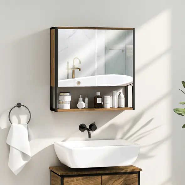 HOMCOM Bathroom Mirror Cabinet with Soft-Close Doors and Adjustable Shelf - Natural Wood Finish - 2