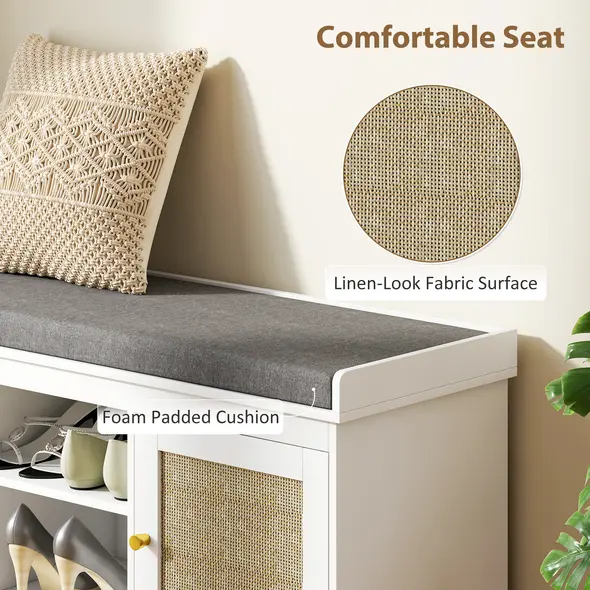 HOMCOM Boho Shoe Storage Bench with Padded Cushion and Rattan Doors - White - 5