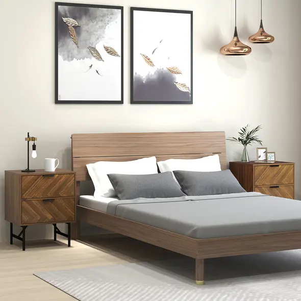 HOMCOM Bedside Table Set of 2 with 2 Drawers, Modern Side Tables with Herringbone Pattern and Metal Legs for Bedroom, Living Room, Walnut Brown - 2