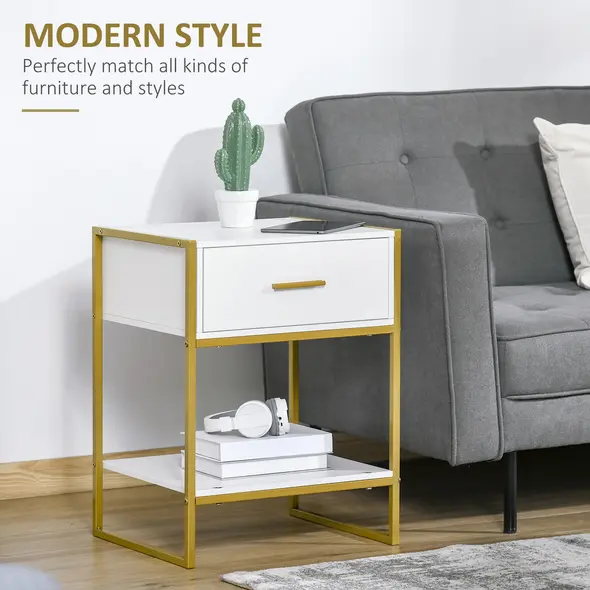 HOMCOM Bedside Table Set of 2, Modern Side Tables with Drawer and Shelf, Nightstands for Bedroom, White - 4