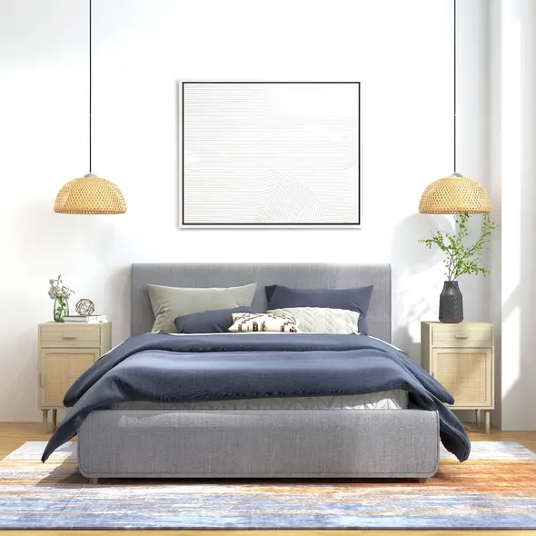 HOMCOM Bedside Table Set of 2, Rattan Side Tables with Drawer, Cabinet and Adjustable Shelf, Boho Bedside Cabinet with Storage for Bedroom, Living Room, Natural Wood Effect - 2