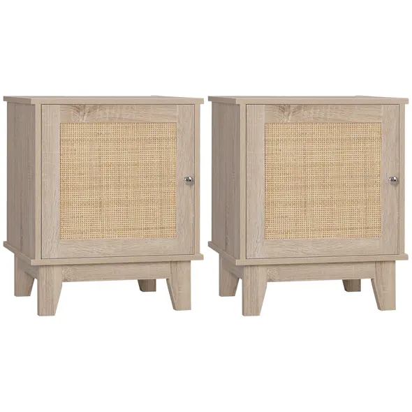 HOMCOM Bedside Table, Bedside Cabinet with Storage Cupboard, Side End Table with Rattan Element for Living Room, Bedroom, Set of 2, Natural - 1