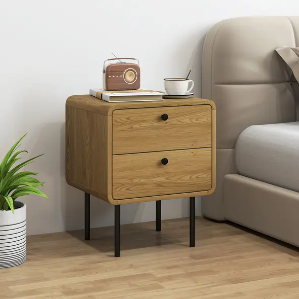 HOMCOM Bedside Table with 2 Drawers and Steel Legs - Oak - 2