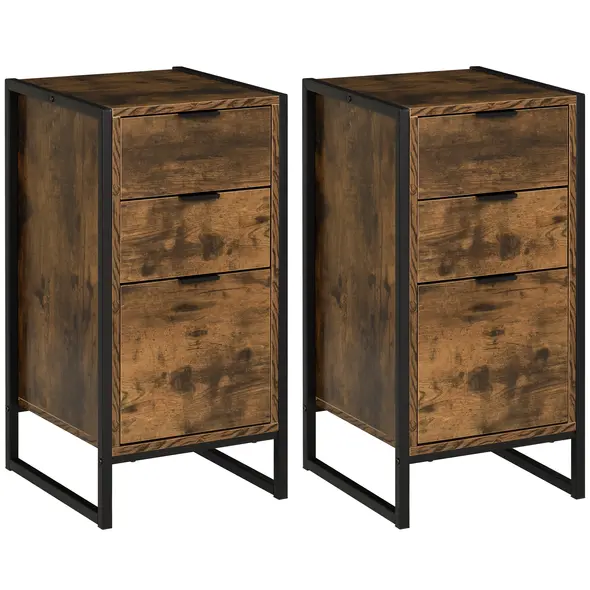 HOMCOM Bedroom Chest of Drawers Set of 2, Industrial 3-Drawer Dresser, Storage Drawers Unit with Metal Frame for Living Room, Rustic Brown - 1