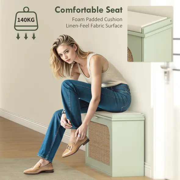 HOMCOM Boho Shoe Bench with Padded Seat and Flip-Drawer - Light Green - 5