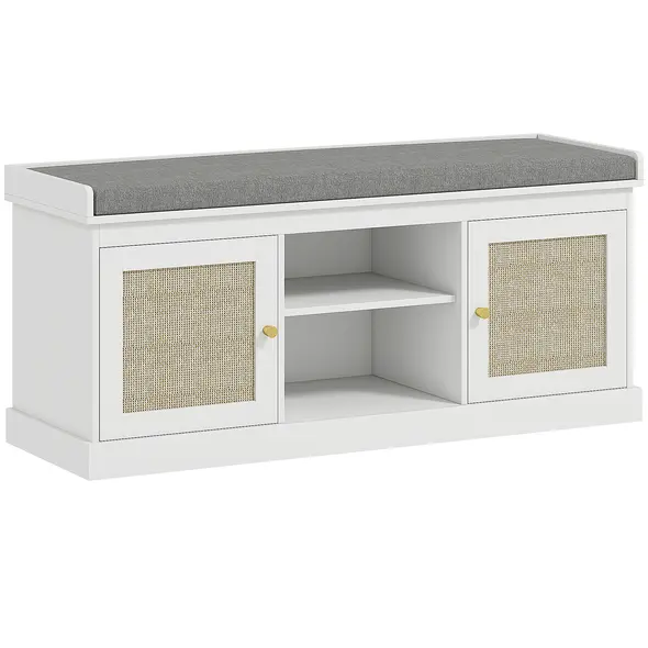 HOMCOM Boho Shoe Storage Bench with Padded Cushion and Rattan Doors - White - 1