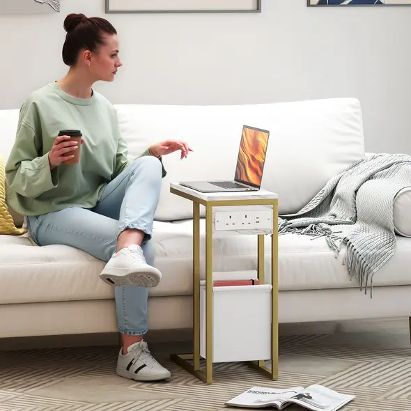 HOMCOM C Shaped Side Table with Charging Station and Faux Marble Top - White - 2