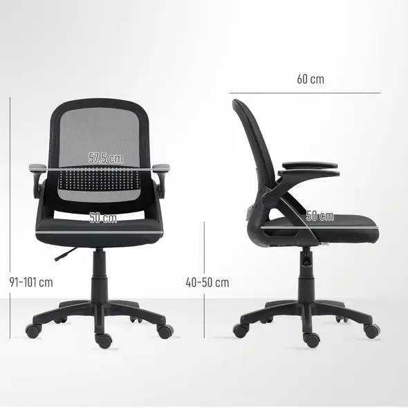 HOMCOM Breathable Mesh Office Chair, Ergonomic Swivel Computer Chair with Flip-up Armrests, Lumbar Back Support for Home/Office, Black - 3