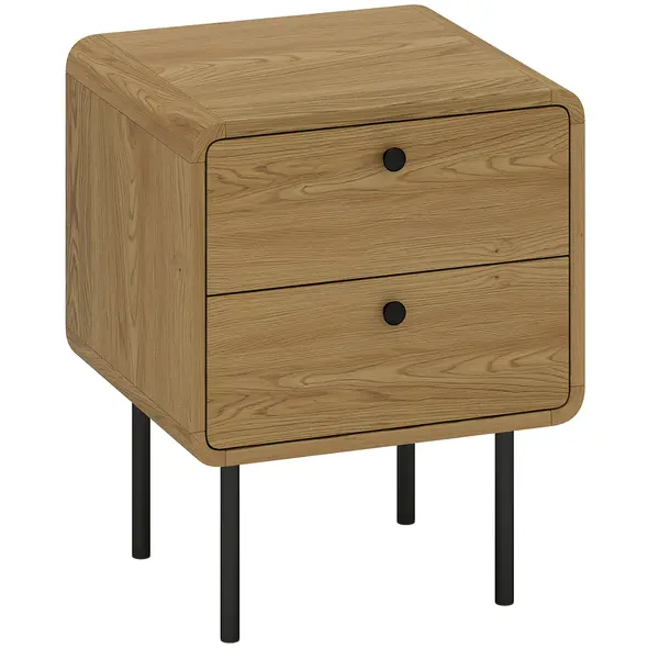 HOMCOM Bedside Table with 2 Drawers and Steel Legs - Oak - 1
