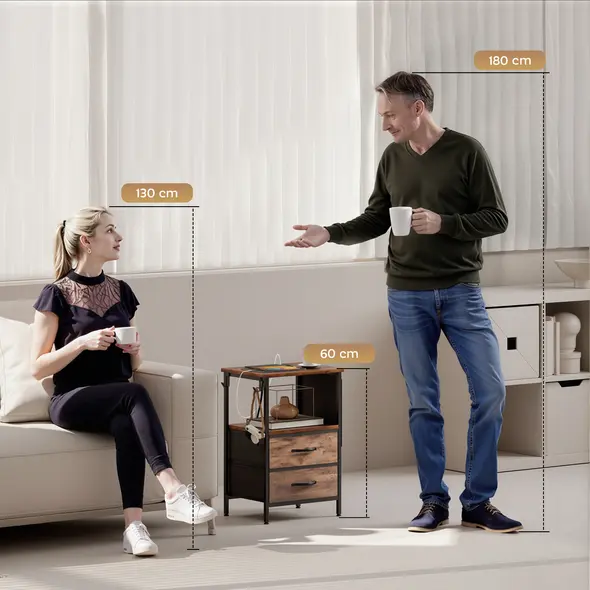 HOMCOM Bedside Table with Charging Station - Rustic Brown - 4