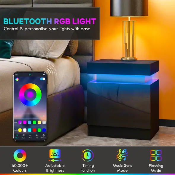 HOMCOM Black Bedside Table with LED Light, High Gloss Front Nightstand with 2 Drawers, for Living Room, Bedroom - 4