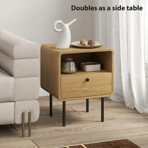 HOMCOM Bedside Table with Drawer and Open Shelf - Oak - 6