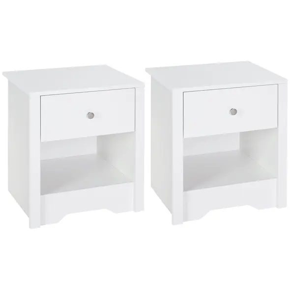 HOMCOM Bedside Table, Nightstand with Drawer and Open Shelf, End Table for Living room, Bedroom, Set of 2, White - 1