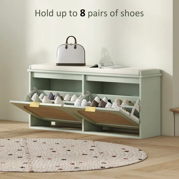 HOMCOM Boho Shoe Bench with Padded Seat and 2 Flip-Drawers - Light Green - 6