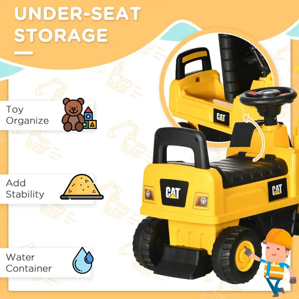 HOMCOM CAT Licensed Kids Ride on Digger Toddler Pretend Construction Play Toy Foot-To-Floor Ride-On Toy w/ Manual Shovel, Horn, Hidden Storage, for Ages 1-3 Years - 6