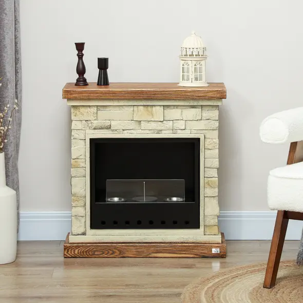 HOMCOM Bioethanol Fire Heater, with Brickwork-Effect Mantelpiece - Brown - 7