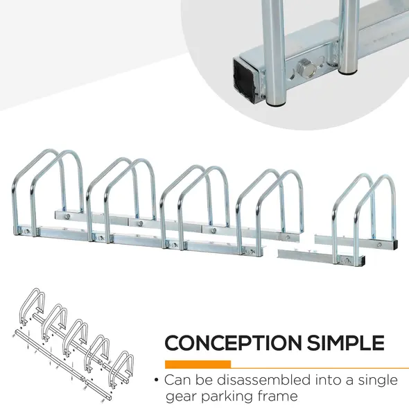 HOMCOM Bike Stand Parking Rack Floor or Wall Mount Bicycle Cycle Storage Locking Stand (5 Racks, Silver) - 5
