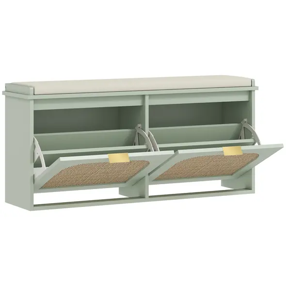 HOMCOM Boho Shoe Bench with Padded Seat and 2 Flip-Drawers - Light Green - 1