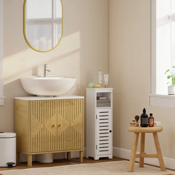 HOMCOM Bathroom Floor Cabinet, Bathroom Storage Unit with Louvered Door, Open Shelf, Adjustable Shelf, White, 22 x 20 x 75 cm - 9