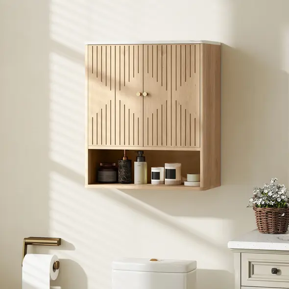 HOMCOM Bathroom Wall Cabinet with Adjustable Shelf - Oak - 2