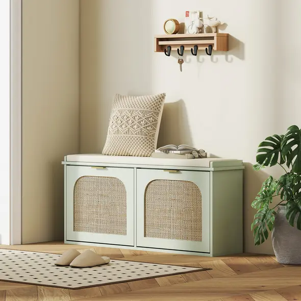 HOMCOM Boho Shoe Bench with Padded Seat and 2 Flip-Drawers - Light Green - 8