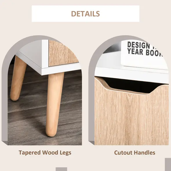 HOMCOM Bedroom Furniture Set, Wardrobe with Hanging Rod, Side Cabinet with Wood Legs, Bedside Table with Drawer, Nature Wood Finish and White - 7