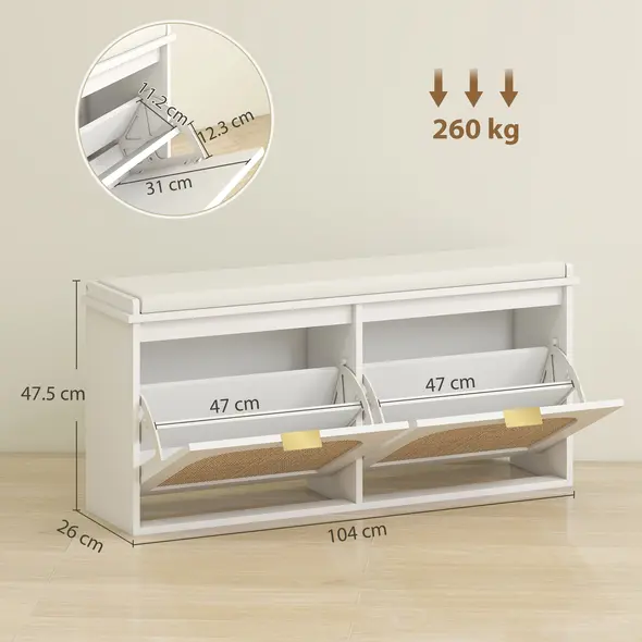 HOMCOM Boho Shoe Bench with Padded Seat and 2 Flip-Drawers - White - 3