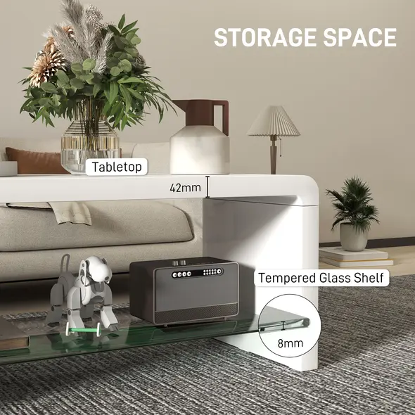 HOMCOM Curved Two-Tier Coffee Table - High Gloss White - 5