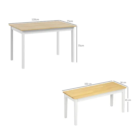 HOMCOM Dining Table and Bench Set, Farmhouse Kitchen Table and Bench with Wooden Frame for Living Room, Dining Room, Natural and White - 3