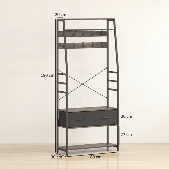HOMCOM Coat Rack with Shoe Storage, Hall Tree, Industrial Coat Stand with Shoe Bench, 10 Removable Hooks, 2 Fabric Drawers and Clothes Rail for Entryway, Hallway, Grey - 3