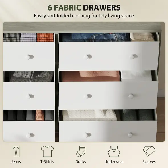HOMCOM Chest of Drawers, Dresser with 6 Fabric Drawers - White and Grey - 4