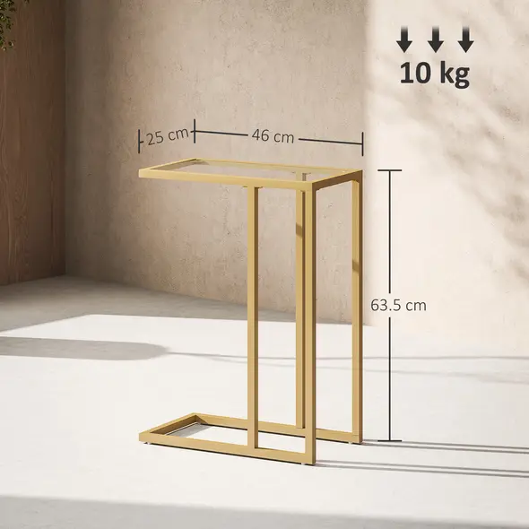 HOMCOM C-Shaped Side Table, Modern Slim End Table with Tempered Glass Tabletop, Steel Frame for Small Space, Living Room, Bedroom, Gold Tone - 3