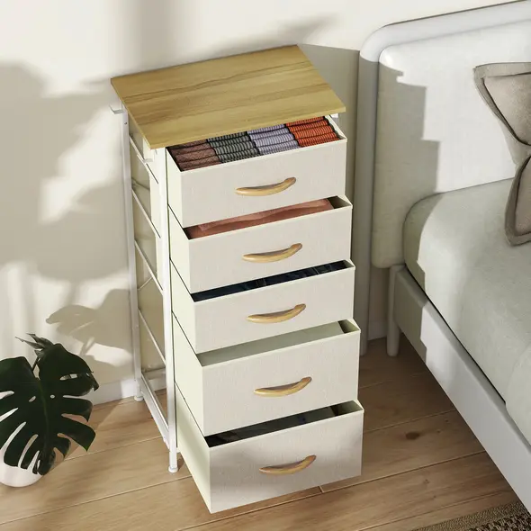 HOMCOM Chest of Five Fabric Drawers - Beige - 8