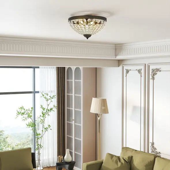 HOMCOM Crystal Chandelier Ceiling Light with 168 Octagonal Beads, Vintage 2-Light Flush Mount Ceiling Light for Living Room, Bedroom, Hallway, Dining Room, Black - 2