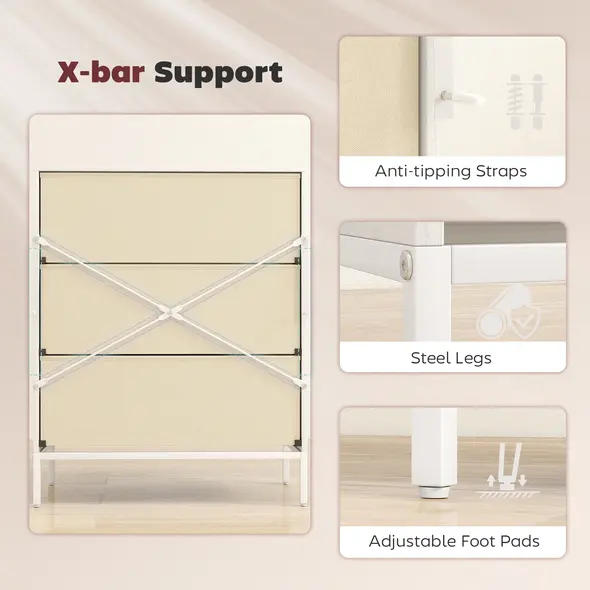 HOMCOM Chest of Drawers, Dresser with 3 Fabric Drawers and Aluminium Handles - White - 7