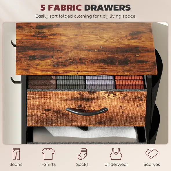HOMCOM Chest of Five Fabric Drawers - Rustic Brown - 4