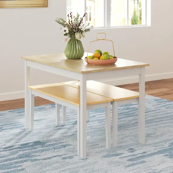 HOMCOM Dining Table and Bench Set, Farmhouse Kitchen Table and Bench with Wooden Frame for Living Room, Dining Room, Natural and White - 6