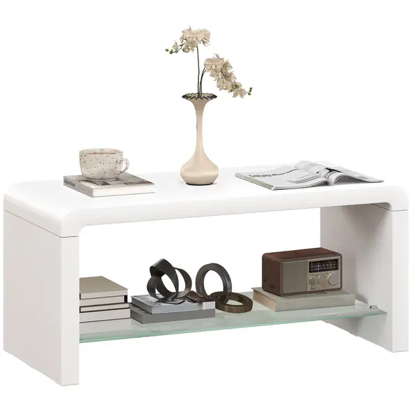 HOMCOM Curved Two-Tier Coffee Table - High Gloss White - 1