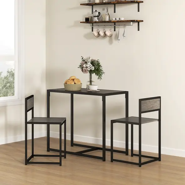 HOMCOM Dining Table and Chairs Set 2, Dining Room Sets, Rectangular Space Saving Table and 2 Chairs for Compact Kitchens, Steel Frame, Grey Wood-Effect - 2