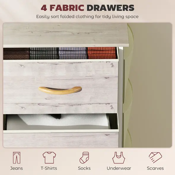 HOMCOM Chest of Four Fabric Drawers - Natural Wood Finish - 4