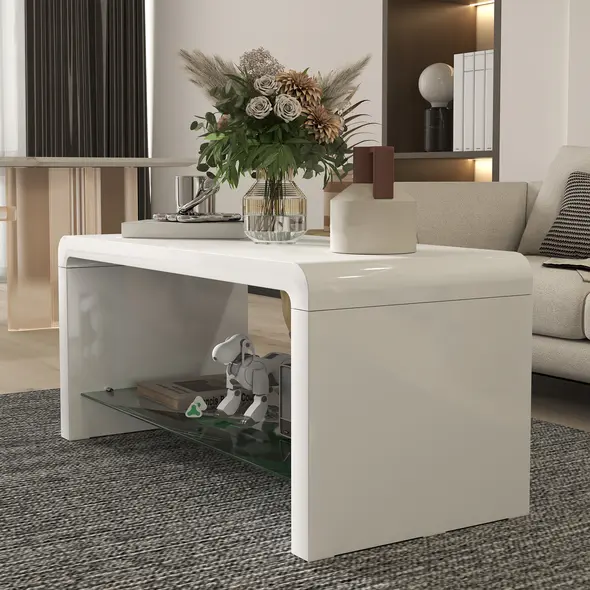 HOMCOM Curved Two-Tier Coffee Table - High Gloss White - 8