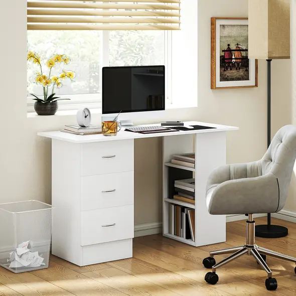 HOMCOM Computer Desk, Home Office Desk, Writing Table, PC Workstation with 3 Storage Shelves and 3 Drawers for Working, Study, 120 x 49 x 72 cm, White - 2