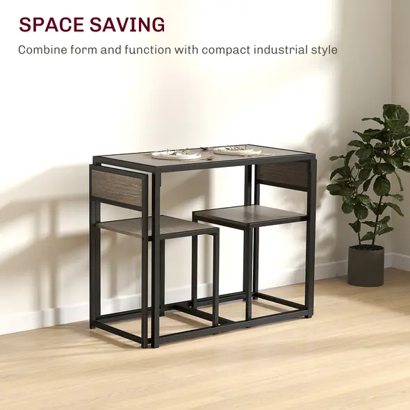 HOMCOM Dining Table and Chairs Set 2, Dining Room Sets, Rectangular Space Saving Table and 2 Chairs for Compact Kitchens, Steel Frame, Grey Wood-Effect - 4