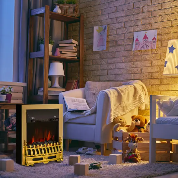 HOMCOM Contemporary Electric Fireplace Coal Burning Flame Effect Inset Fire Place Space Heater Glass View LED Lighting, 1000W/2000W, Golden - 7