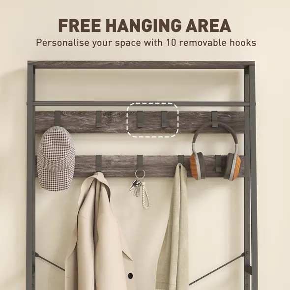 HOMCOM Coat Rack with Shoe Storage, Hall Tree, Industrial Coat Stand with Shoe Bench, 10 Removable Hooks, 2 Fabric Drawers and Clothes Rail for Entryway, Hallway, Grey - 5