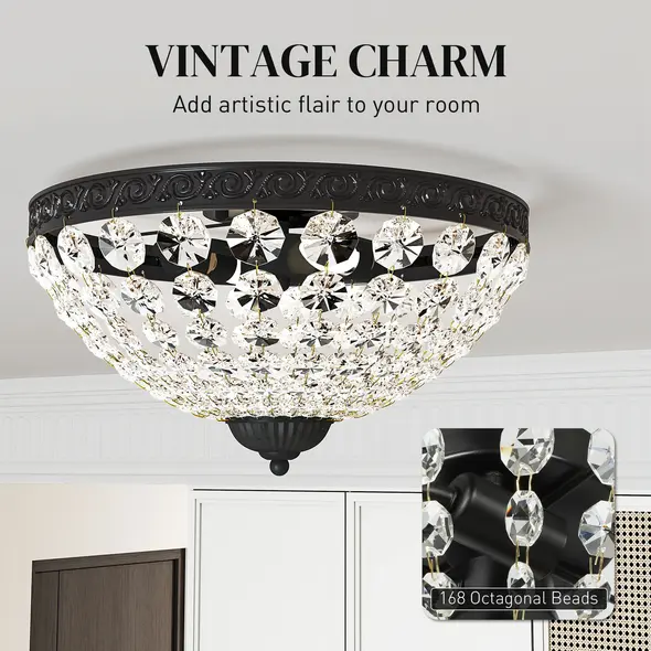 HOMCOM Crystal Chandelier Ceiling Light with 168 Octagonal Beads, Vintage 2-Light Flush Mount Ceiling Light for Living Room, Bedroom, Hallway, Dining Room, Black - 4