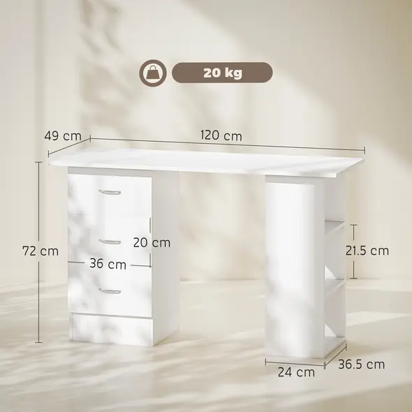 HOMCOM Computer Desk, Home Office Desk, Writing Table, PC Workstation with 3 Storage Shelves and 3 Drawers for Working, Study, 120 x 49 x 72 cm, White - 3