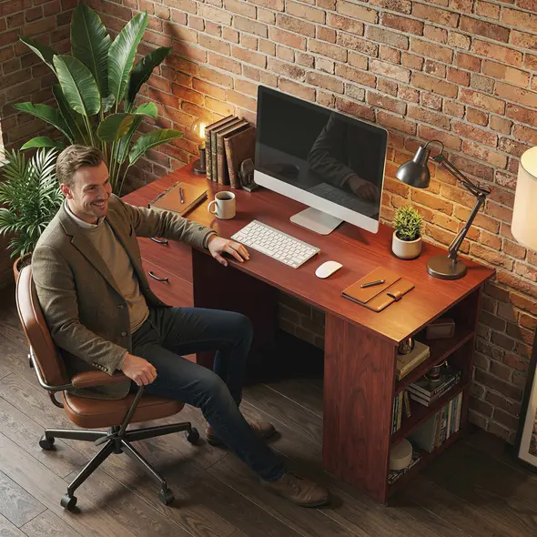 HOMCOM Computer Desk, Writing Table, PC Workstation with 3 Storage Shelves and Drawers, Handle, for Home Office, Walnut Brown - 9